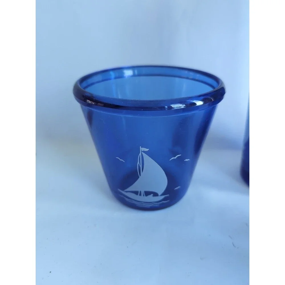 Hazel Atlas Cocktail Shaker Set Ice Bucket Glasses Cobalt Blue Sail Boat MCM Vtg
